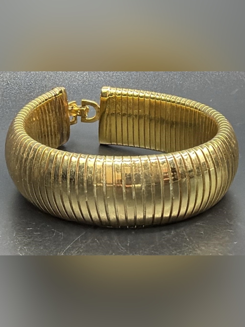 Vintage Christian Dior Gold Tone Ribbed Omega Snake Bracelet Signed, 7.5”
